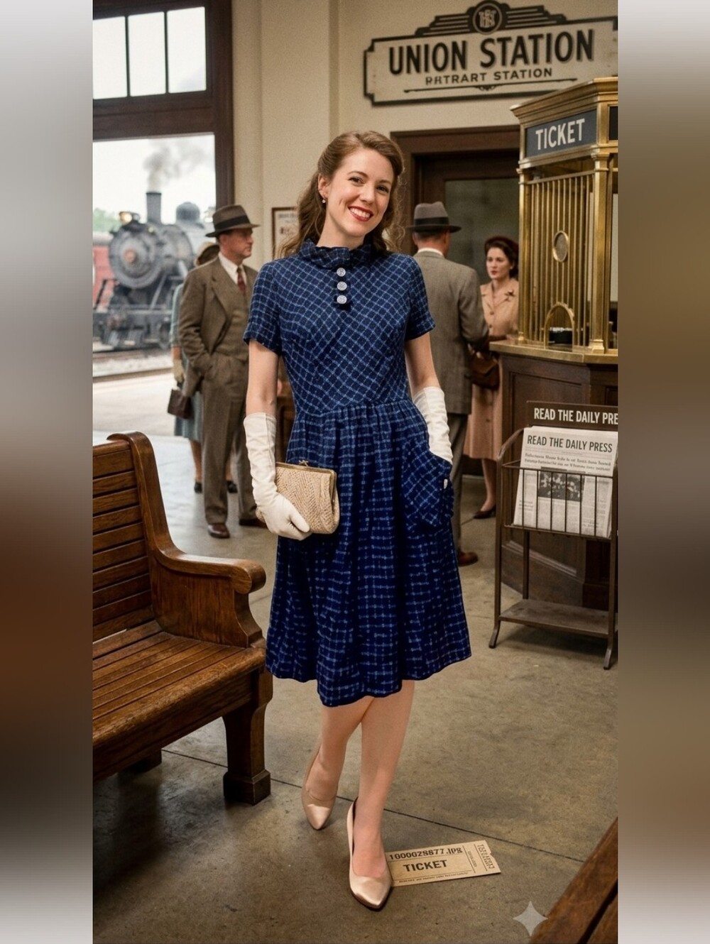 **Vintage Blue Knit 1940s Pocket Plaid Dress**